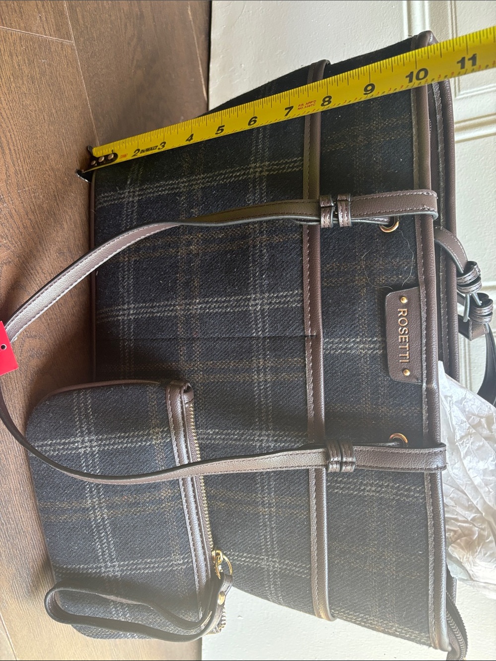 Rosetti Dark Gray and Brown Plaid Messenger Bag with Matching Pouch